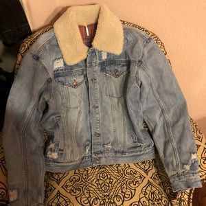 Denim jacket with faux shearling collar